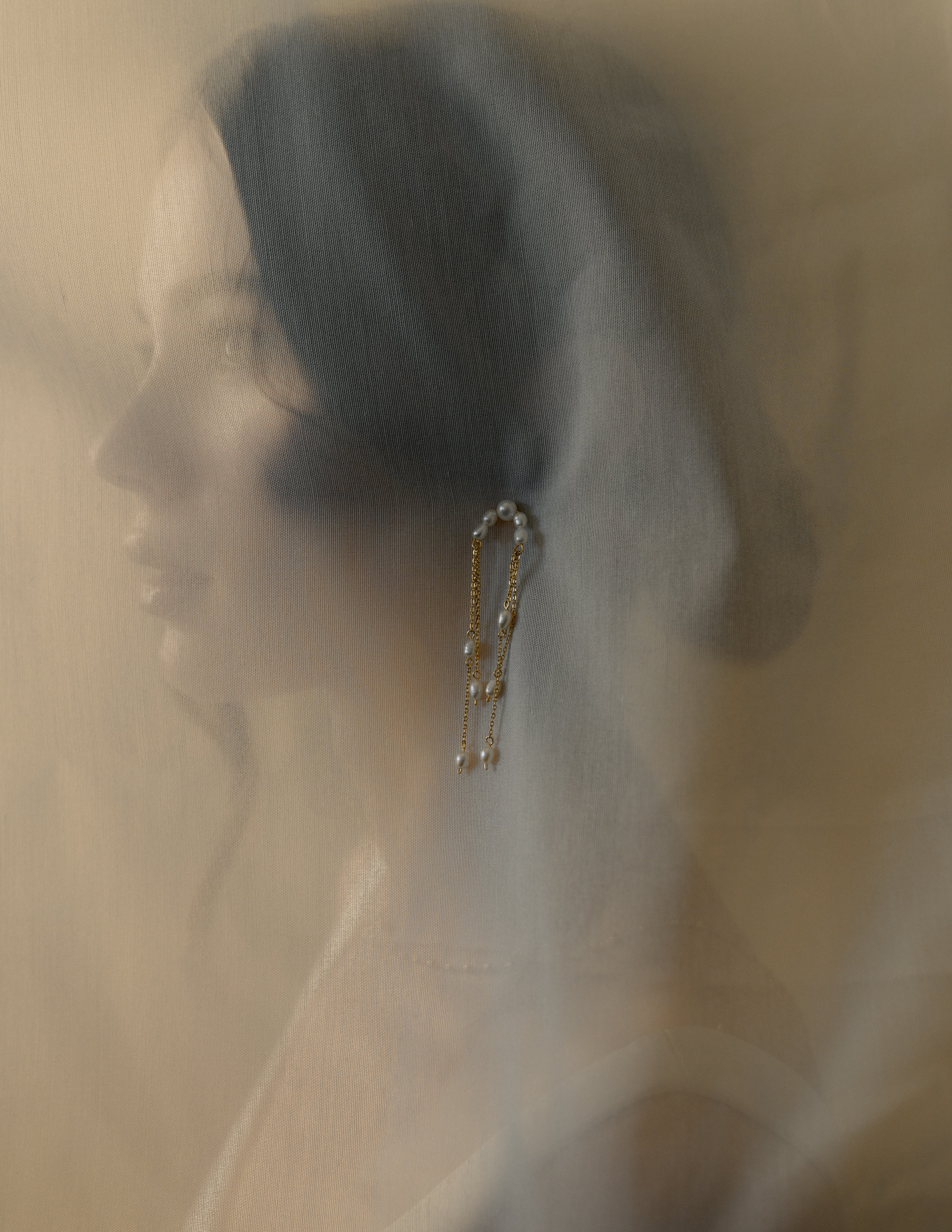 photo artistique du portrait d'une femme cachée par un voile de mariage et une boucle d'oreille posée sur le voile