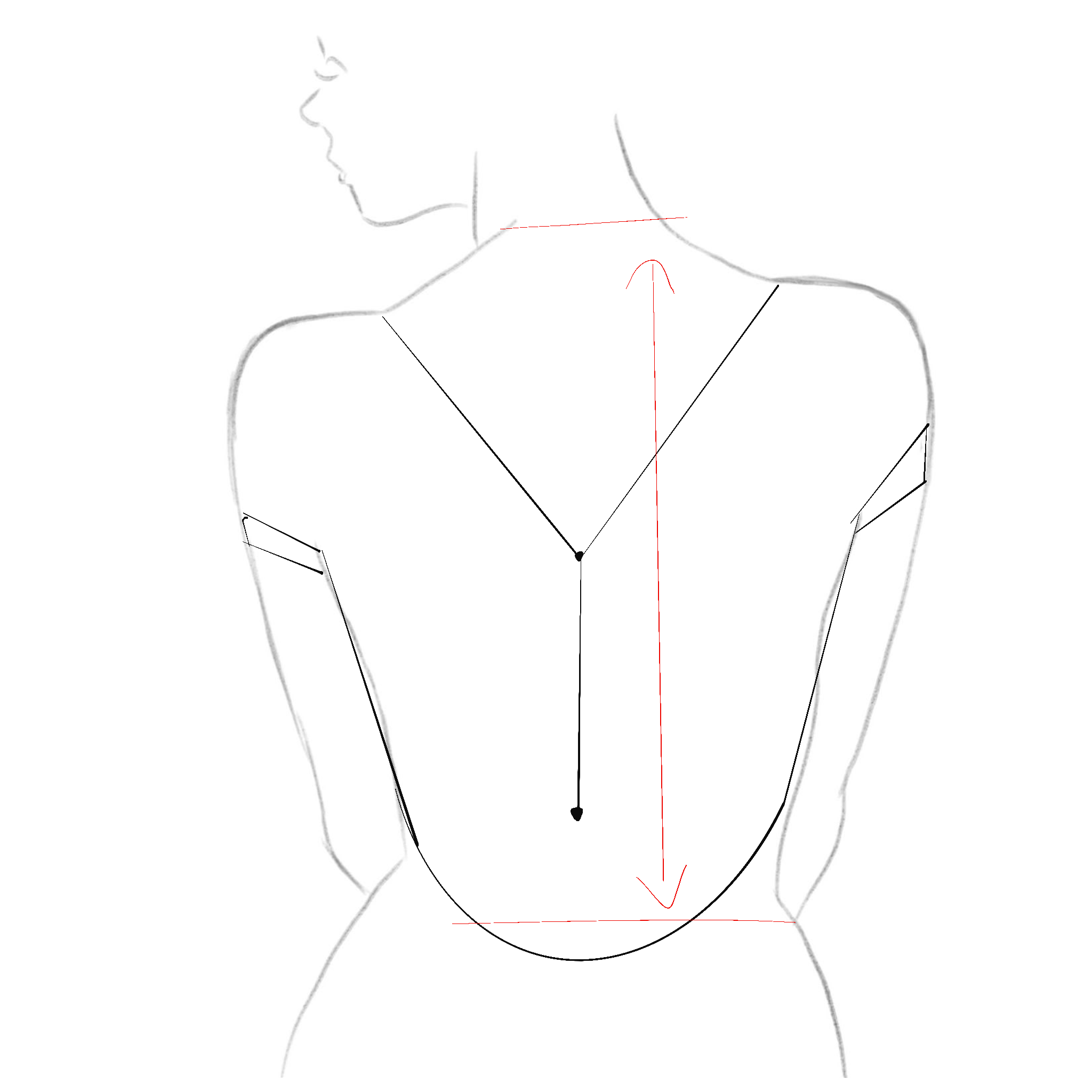 Pour mesurer un collier de dos, il suffit de suivre les lignes rouges indiquées sur le dessin. La mesure se prend depuis le point de départ du collier au niveau du cou, en suivant la ligne rouge qui descend le long du dos dénudé, jusqu’à l’extrémité souhaitée. Cela permet d’ajuster parfaitement la longueur du collier pour qu’il tombe élégamment sur le dos nu.