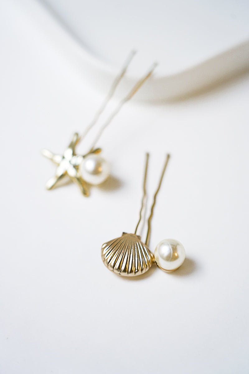 Pics à cheveux de mariage coquillage, perles naturelles et étoile de mer