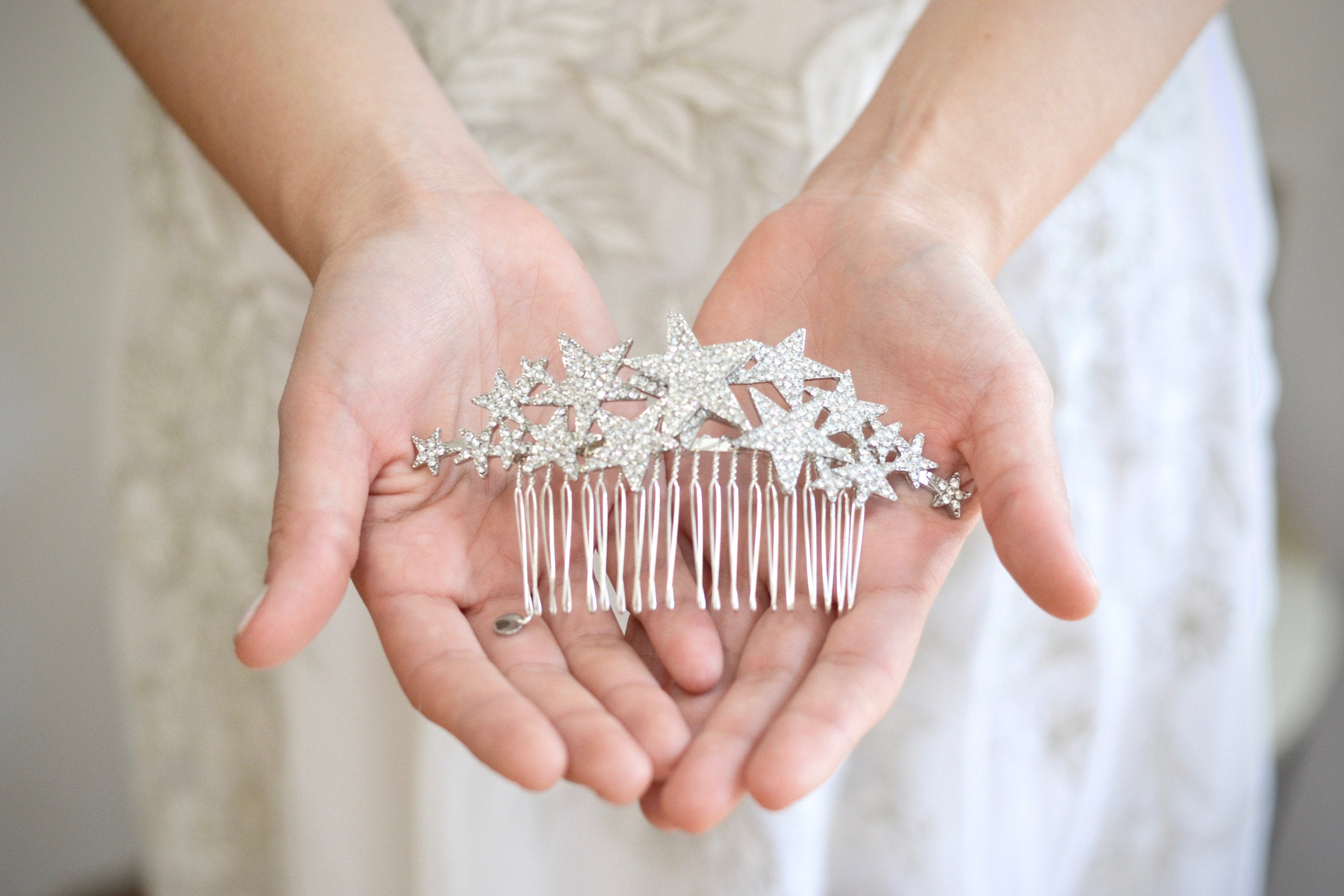 Peigne à cheveux céleste argent étoile et strass