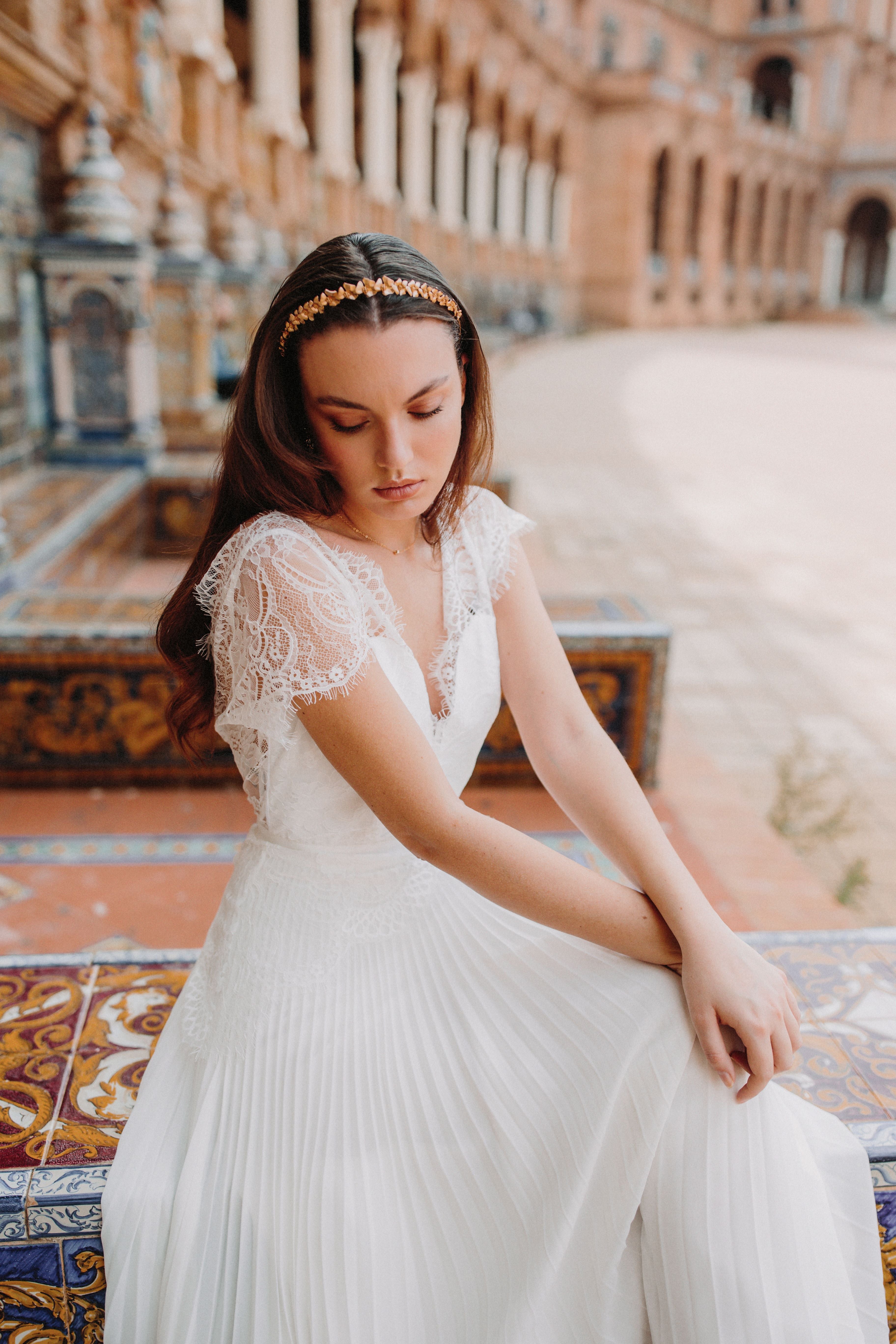 Couronne bandeau floral mariage en or