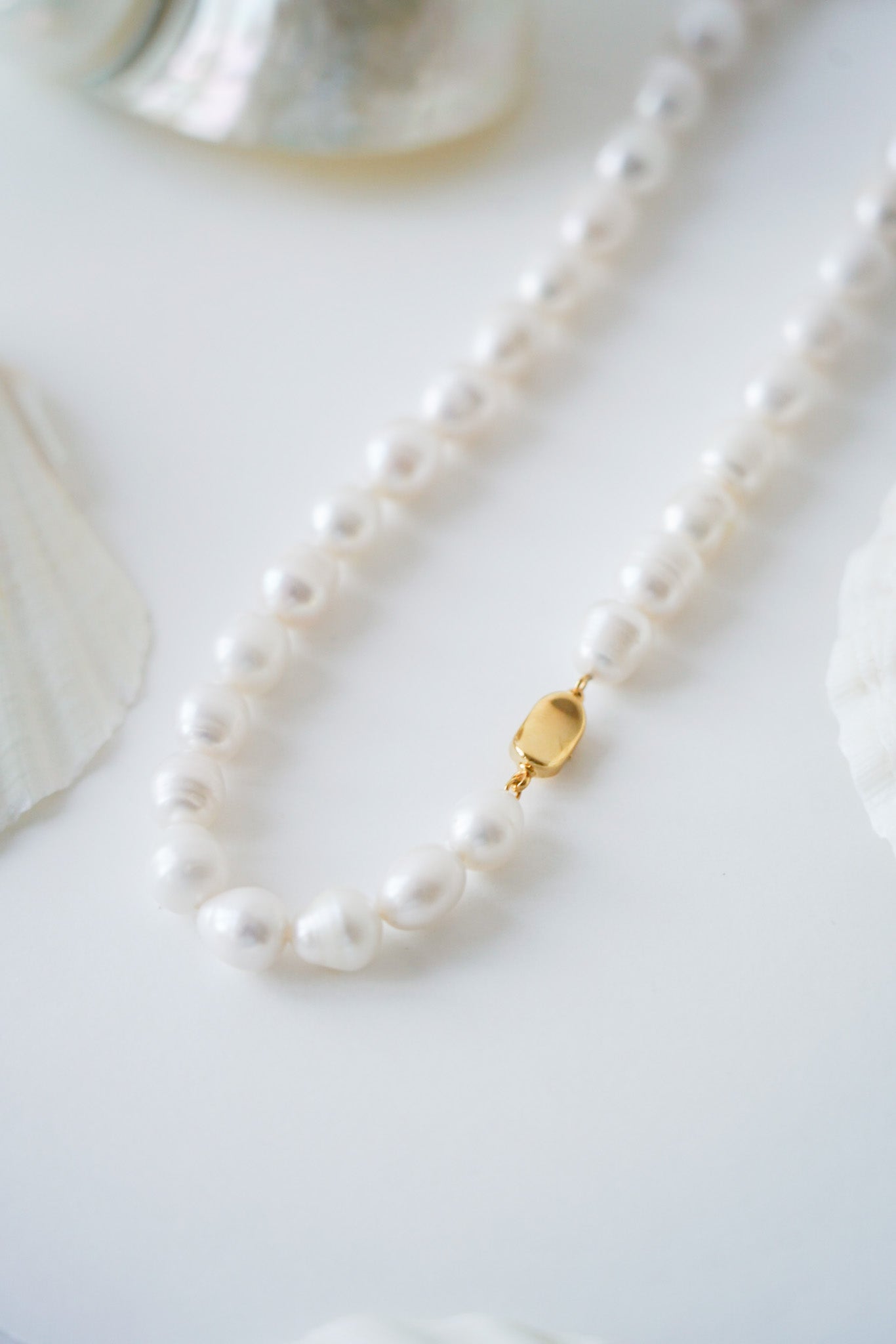 collier de perles posé sur un fond blanc avec une attache en or et des coquillages