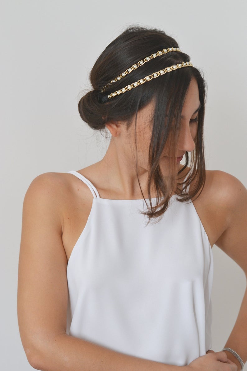 headband à 2 rangs en or avec des perles pour un mariage