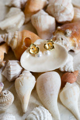 Boucles d'oreilles mariée romantiques à fleur en or et perles posées sur un coquillage