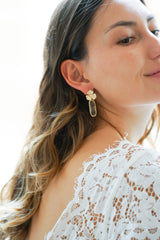 boucles d'oreilles mariage avec une cristal transparent et une fleur en or porté par une mariée
