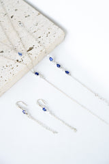 Ensemble de bijoux, collier de dos mariage, bracelet mariée et boucles d'oreilles pendantes mariage en argent élégant avec des pierres bleues