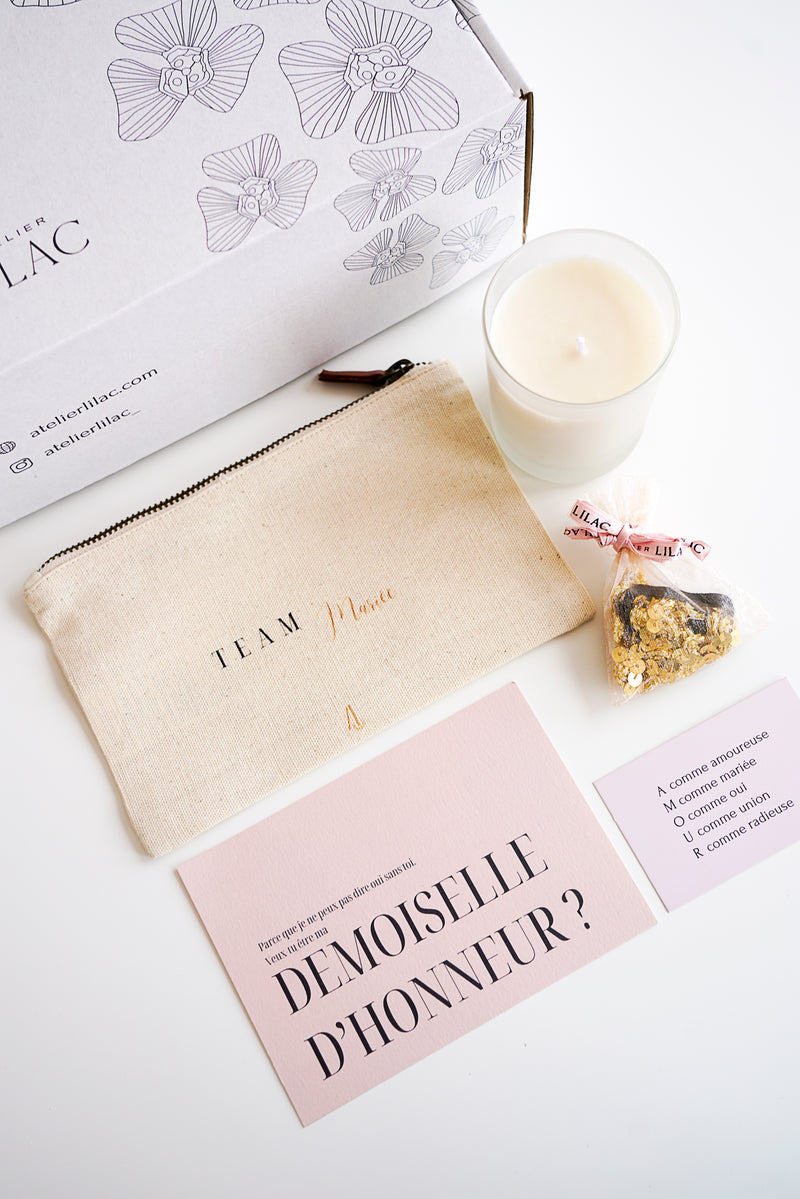 Box de mariage cadeau demoiselles d'honneur avec bougie parfumée, pochette en tissu, headband à sequins dorés, cartes de voeux